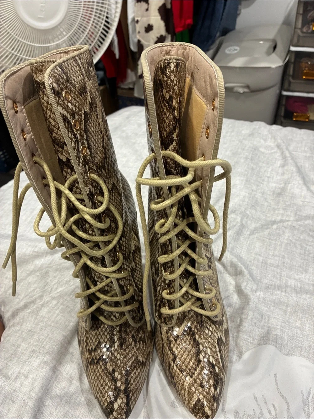 Snake-Print Lace-Up Block Heel Boots in Brown